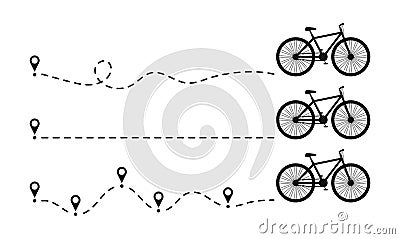 Bike icon dotted line path with start point. Set of bicycle way trace with location or map pins and dotted route. Vector Vector Illustration